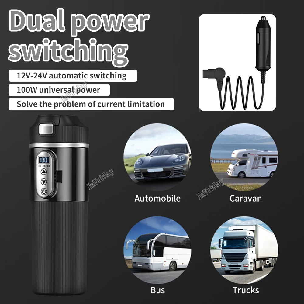 Car Heating Cup 12V/24V Car Heating Cup Digital LCD Display Electric Kettle Smart Temp Control Heat100&deg;C Portable Car Heating Cup500ML Thermos Cup