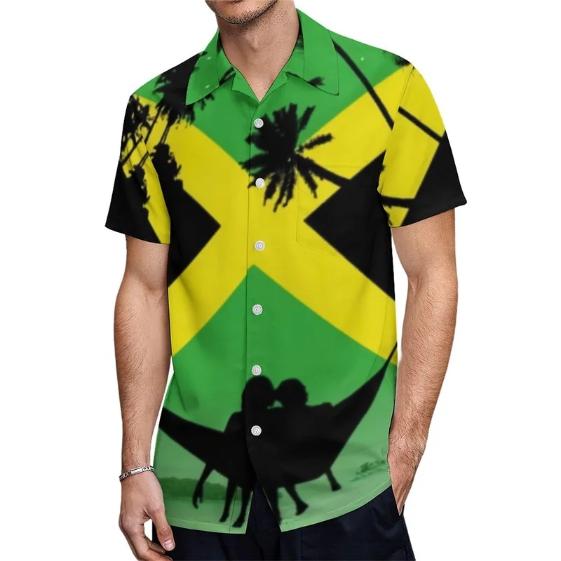thumbnail image 1 of Camisas de playa con bandera jamaiquina impresas en 3D, blusas casuales de manga corta con botones para hombre, camisetas de verano de gran tamaño para hombre, 1 of 5