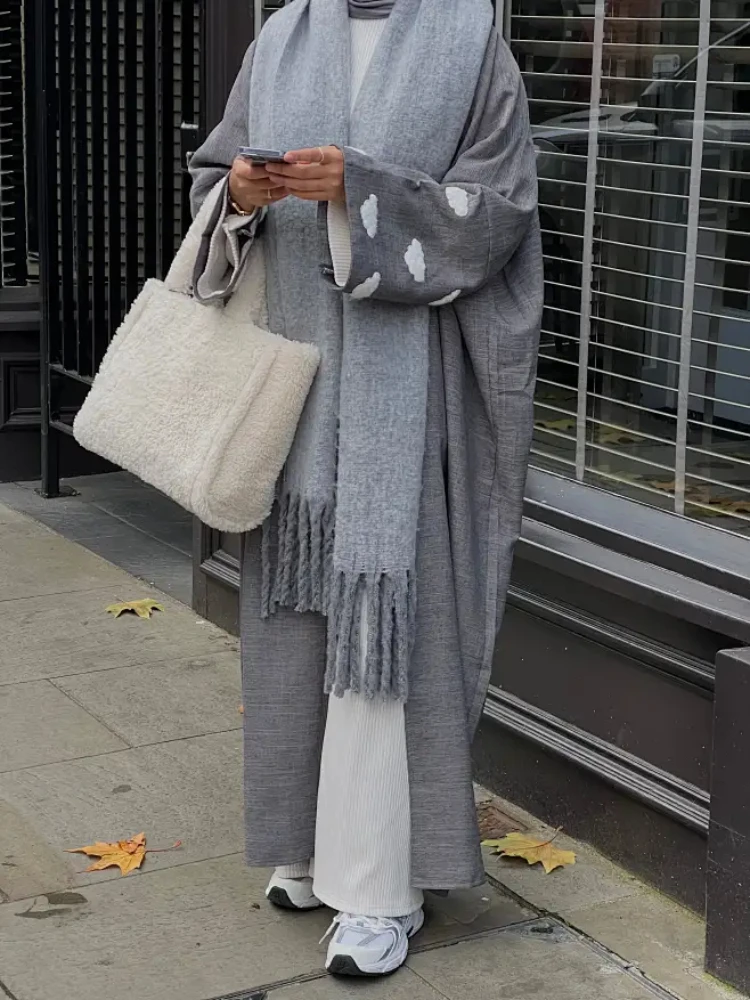 Cotton Linen Open Abaya Cloud Embroidery Kimono Dubai Luxury Muslim Hijab Dress Turkish Abayas for Women Islamic Clothing Kaftan