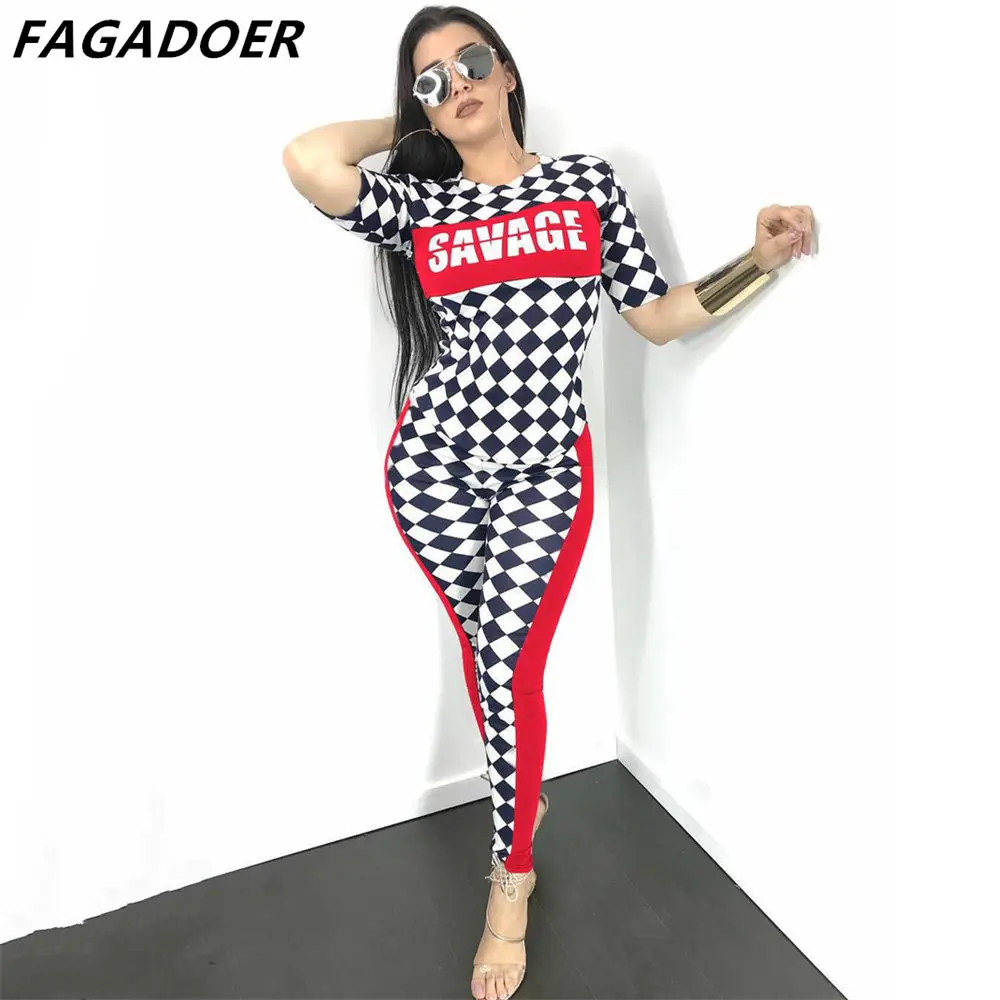 FAGADOER Plaid Print Two Piece Sets Fashion Patchwork Streetwear Outfits Women Tracksuits Cool Girl Crop Top Pants Matching Sets