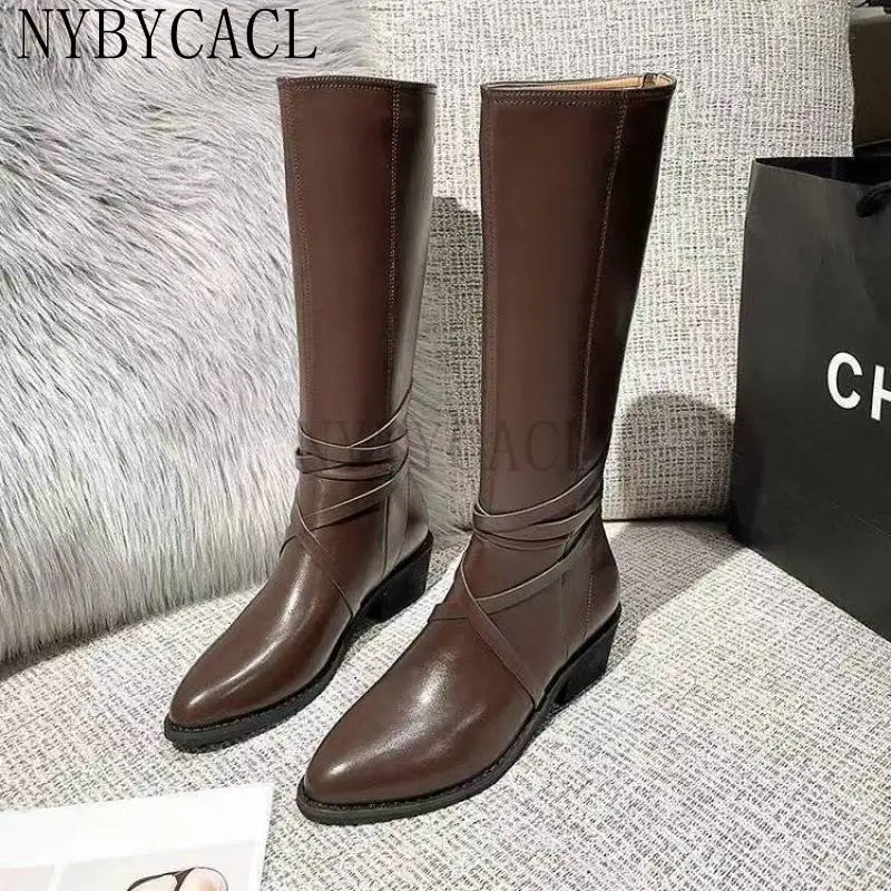 2023 Women Knee High Boots Cool Fashion Concise Genuine Leather Thick Heels Shoes Woman Autumn Winter Casual Long Boots New