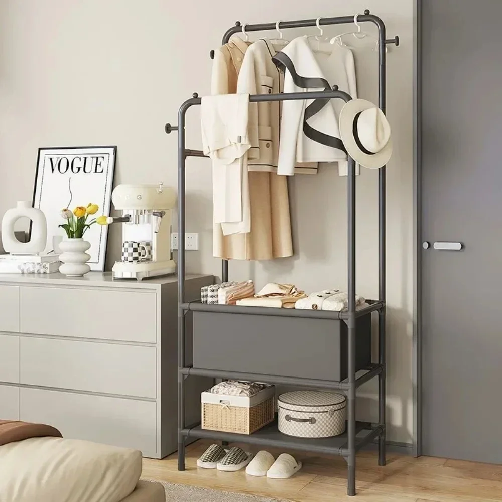 Bedroom Floor Clothes Rack with Wheels Shoes and Hat Rack Coats StorageDouble Rod Garment Rack Shelf for Living Room Organizer