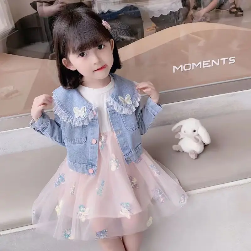 Conjunto de jaqueta jeans infantil e vestido de princesa tutu