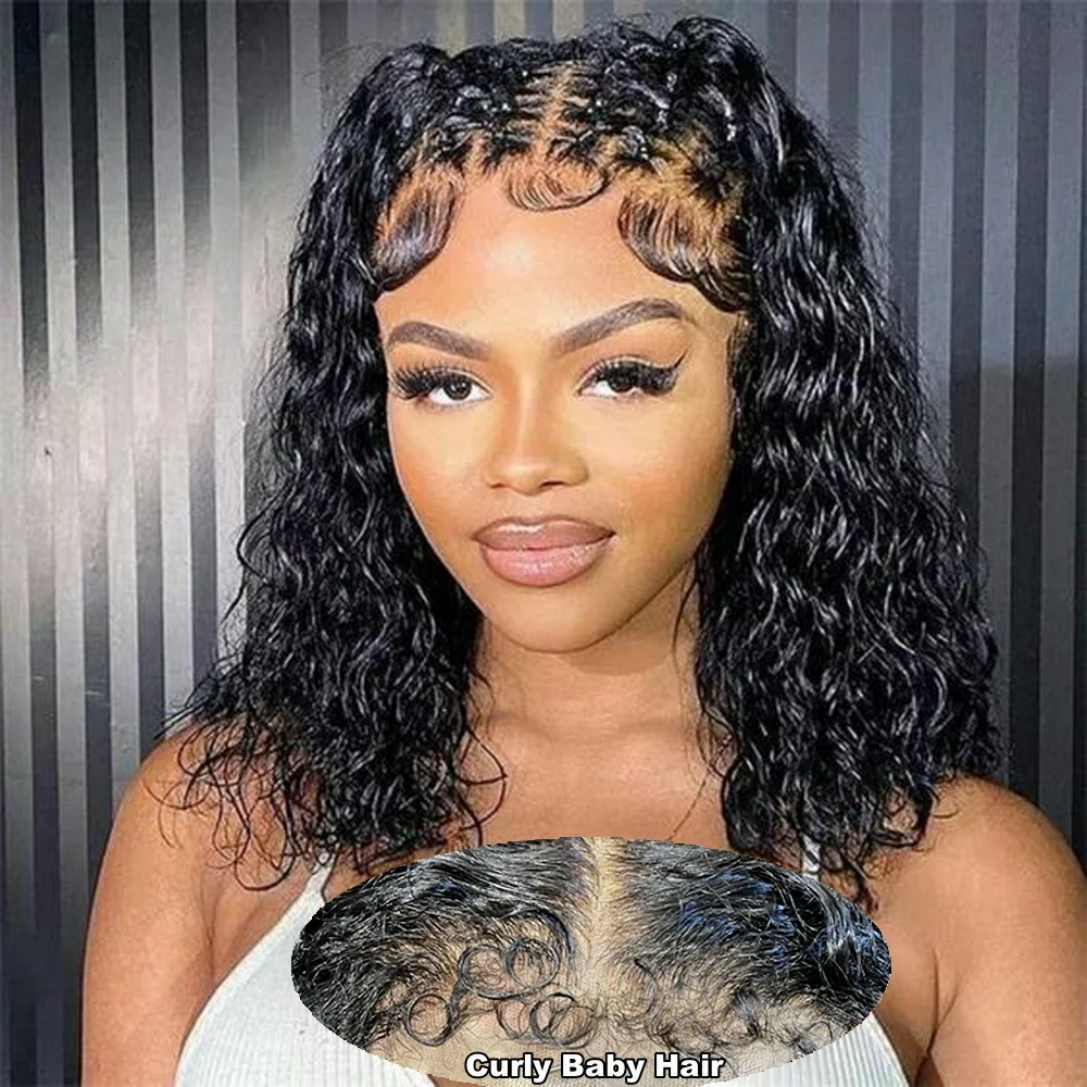 

4C Kinky Edges Hairline Curly Baby Hair 4X4 13X4 Water Wave Transparent Bob Lace Front Wig Pre Plucked For Women Human Hair Wig