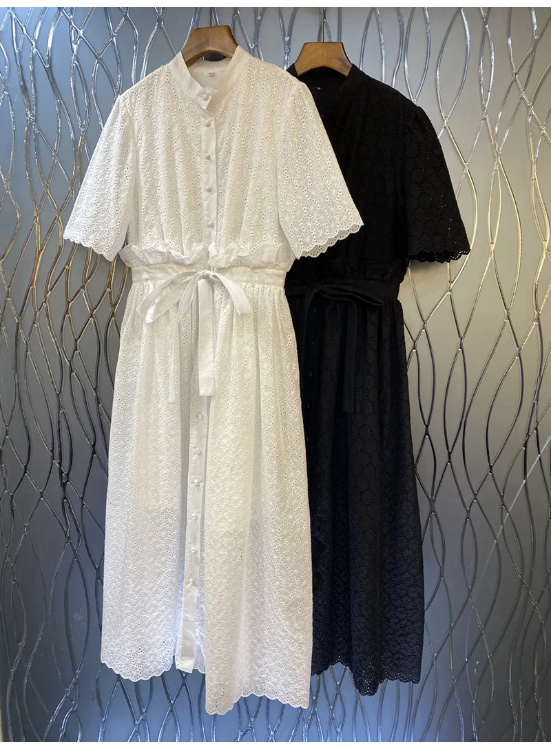 

High Quality New 2023 Summer Long Dress Women Allover Exquisite Embroidery Drawstring Waist Short Sleeve White Black Dress Maxi