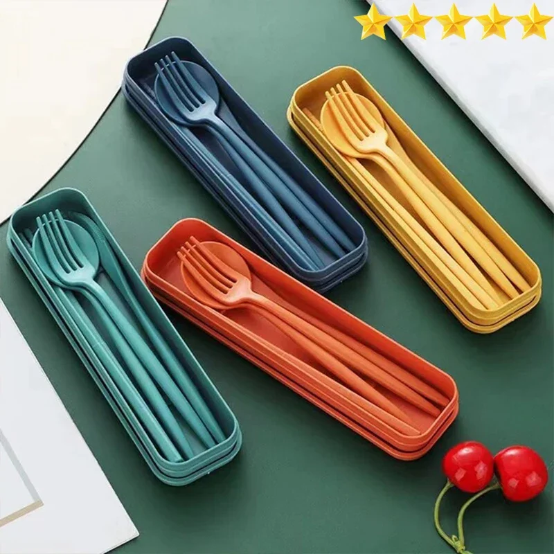 4-Piece Portable Utensils Healthy Eco-Friendly Wheat Straw Cutlery Reusable Chopstick Fork Knife Spoon Set
