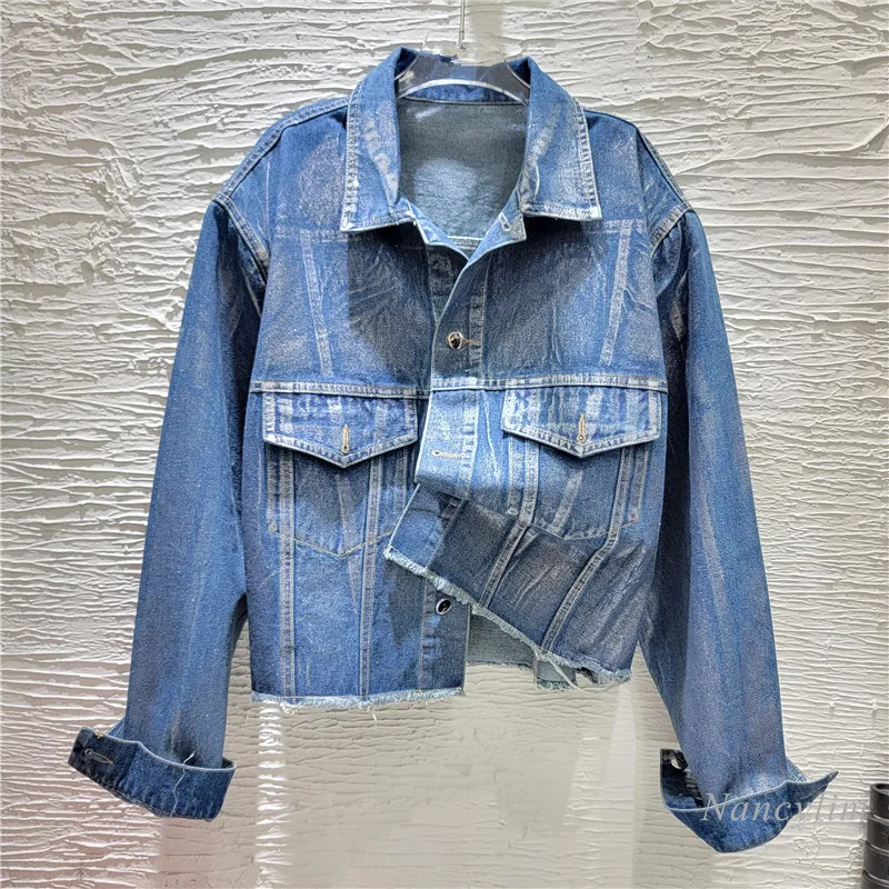 2024 Spring New Niche High-Grade Silver Spray Glossy Texture Coat for Women Lapel Denim Jacket Casual All-Matching Street Coat