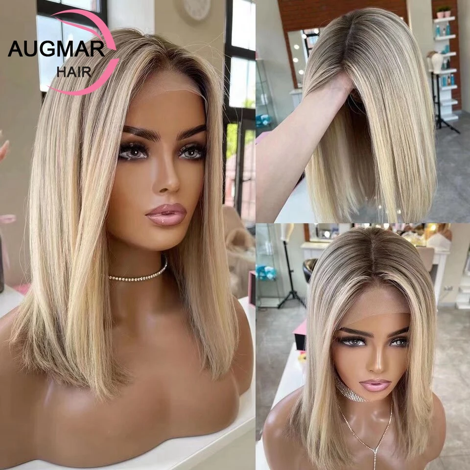 Ash Blonde Highlight Peruca de Cabelo Humano para Mulheres, Perucas Frontais De Renda, Top De Seda, Short Bob, 200 Densidade, 13x4