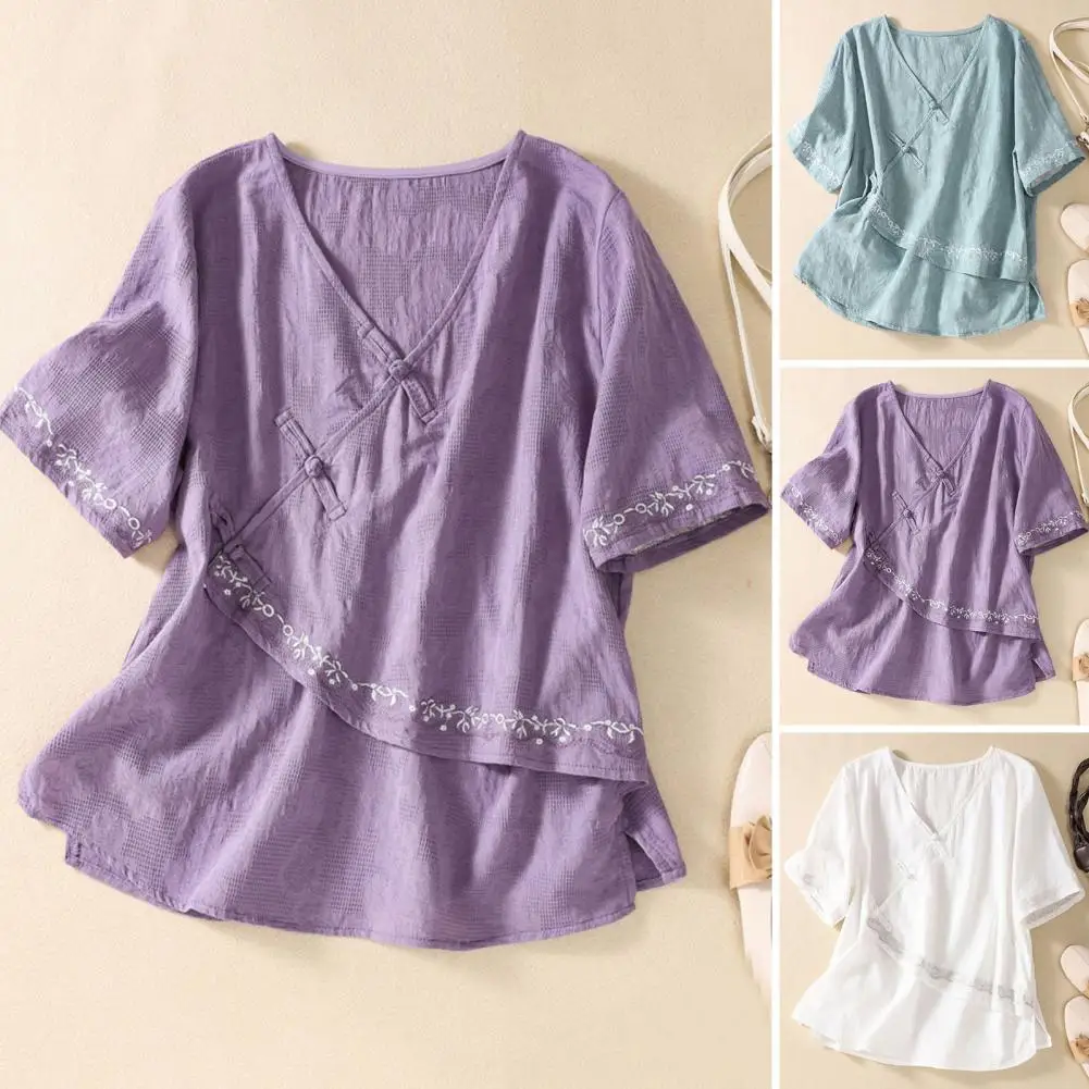 

Women Cotton Linen Top Ethnic Style Women's V-neck Shirt with Disc Buckle Detail Loose Fit Short Sleeve Top for Women