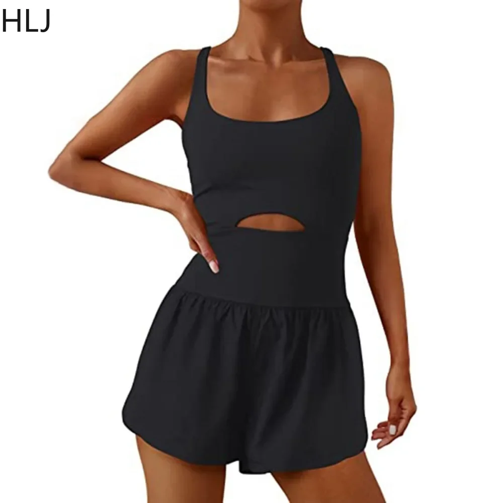 HLJ Casual Solid Color Hollow Tank Top Rompers Women Round Neck Strap Sleeveless Sporty Jumpsuits Female Backless Slim Overalls