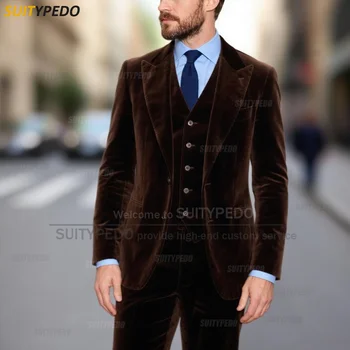 Il più nuovo autunno inverno Velet Peak risvolto vestito per uomo breve blazer solido gilet e pantaloni Texudos 3 pezzi set abito da sera formale 1