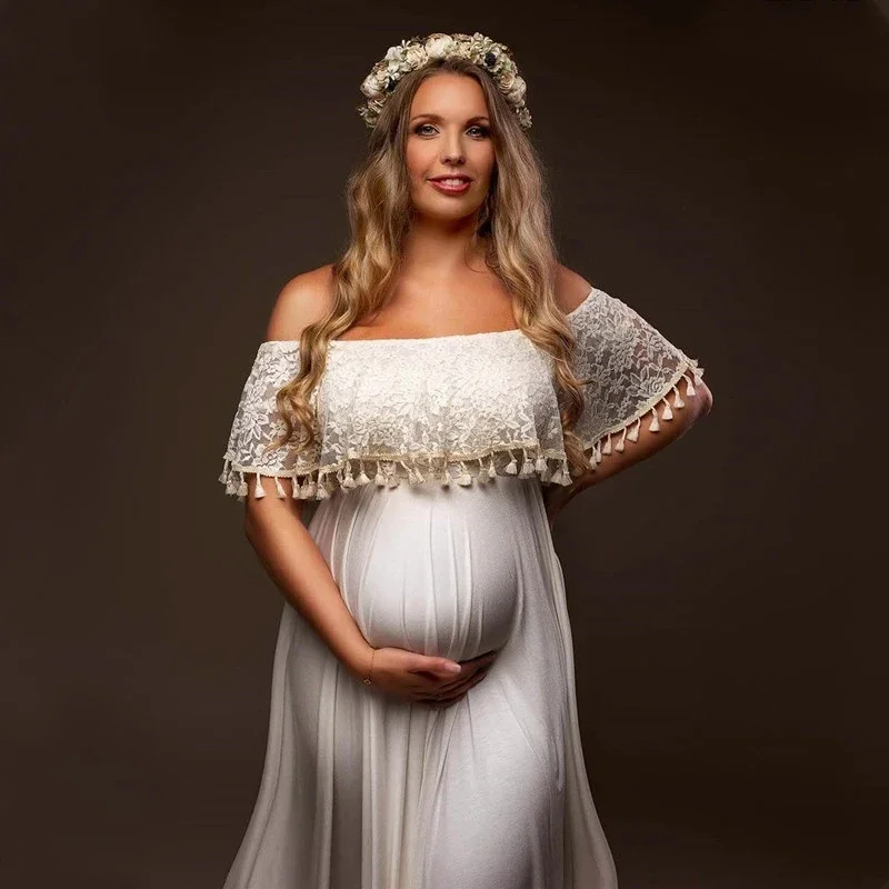 

Boho Maternity Dresses Slash Neck Lace Tassels Pregnancy Photography Bohemian Long Dresses