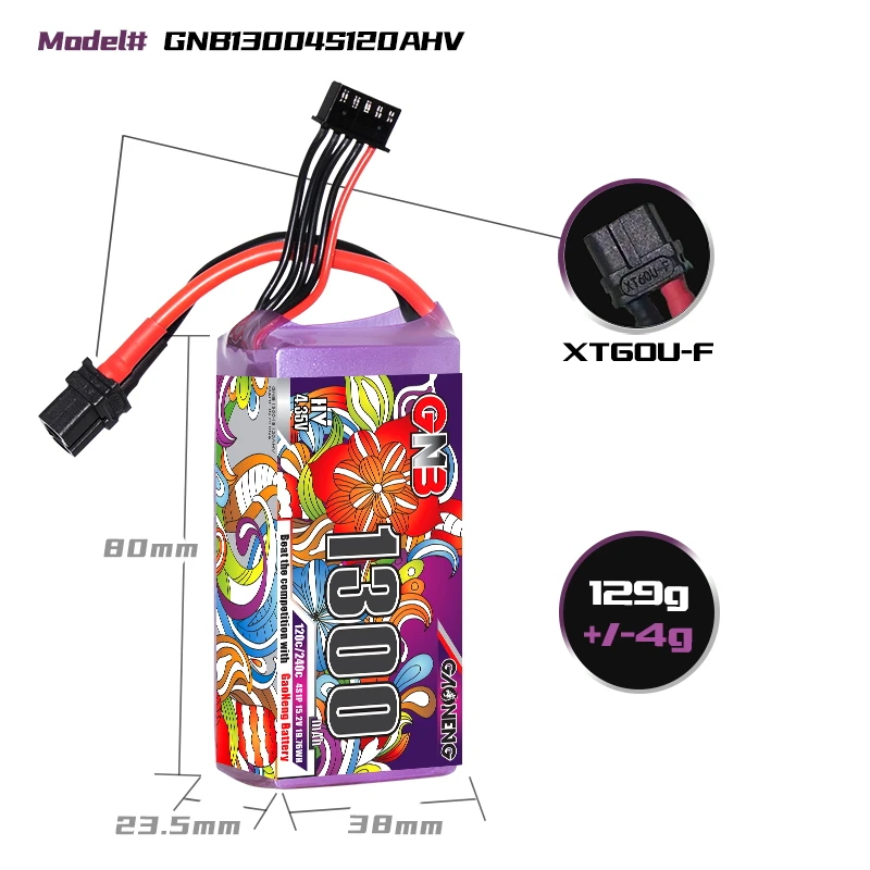 Batterie LiPo 1300mAh 14.8V pour drone RC, étiquette blanche avec spécifications techniques