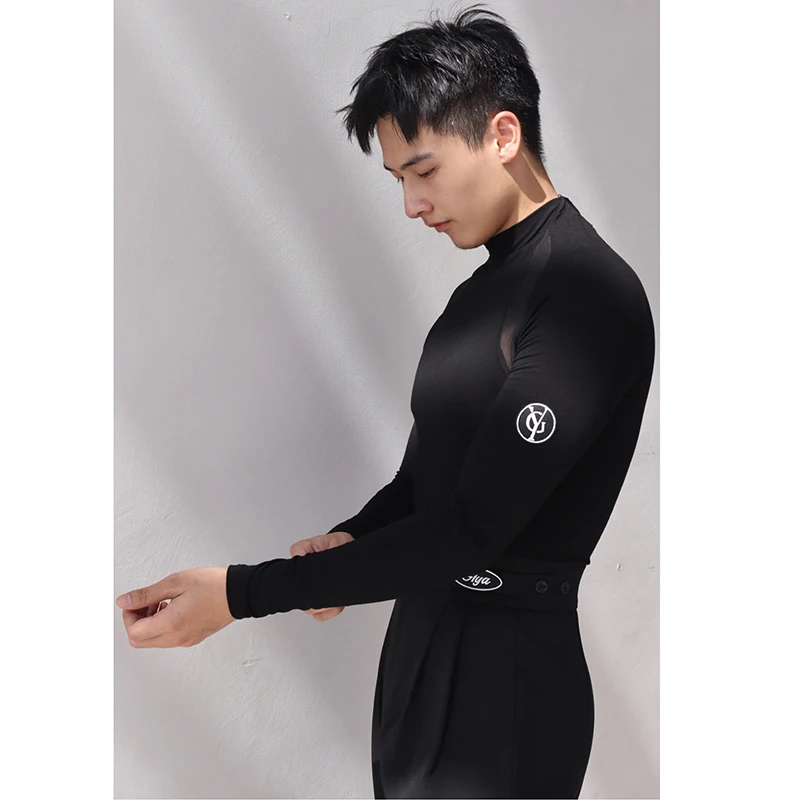 Men Latin Dance Competition Tops Long Sleeves High Collar Bodysuit Adult Male ChaCha Rumba Ballroom Dance Clothes