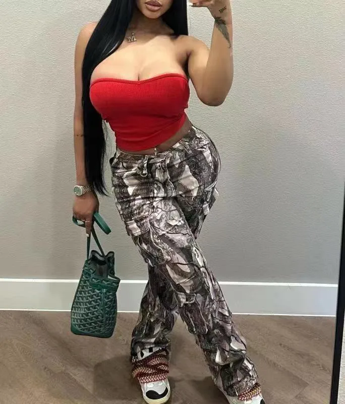 

2023 New Casual Vintage Camouflage Print Stacked Wide Leg Cargo Pants Women Y2k Side Pocket Streetwear Loose Straight Trousers