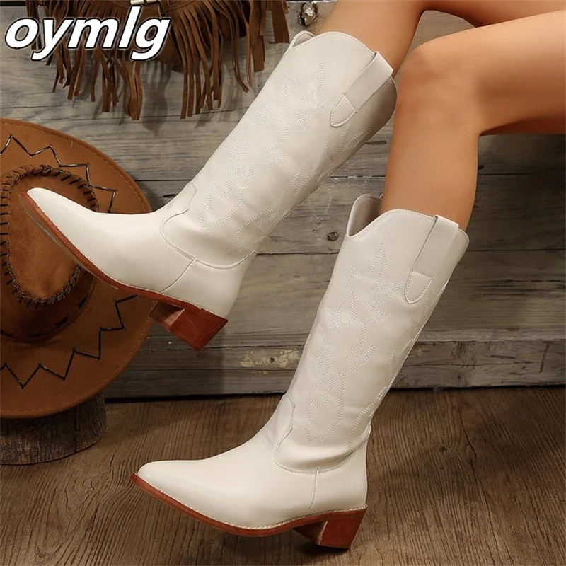 New High Barrel Embroidered Knight Boots Women's Large Pointed Thick Heels Long Barrel Leather Boots women brown long boots