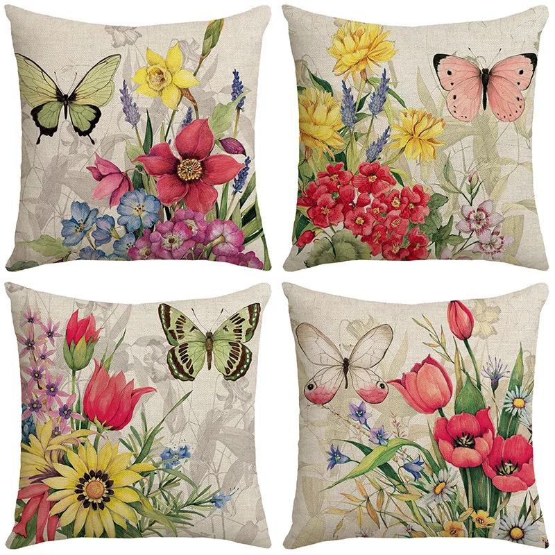 

Flower Throw Pillow Covers 18x18 Inches Vintage Butterfly Flowers Decorative Pillowcases Home Decor Cushion Cover for Sofa Couch