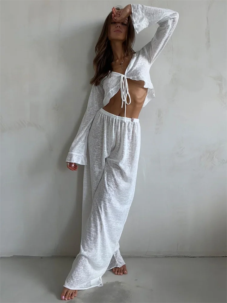 Casual Fashion 2 Piece-Set Trousers For Women V-Neck Lace-Up Long Sleeve Top And High Waist Women's Pants Outfits Female