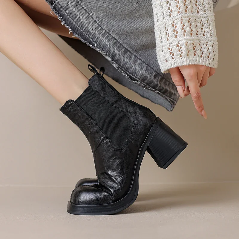 Modern Ladies Shoes Chelsea Boots Women Classic Warm Winter Ankle Boots Concise Sheep Leather Boots for Autumn Thick High Heels