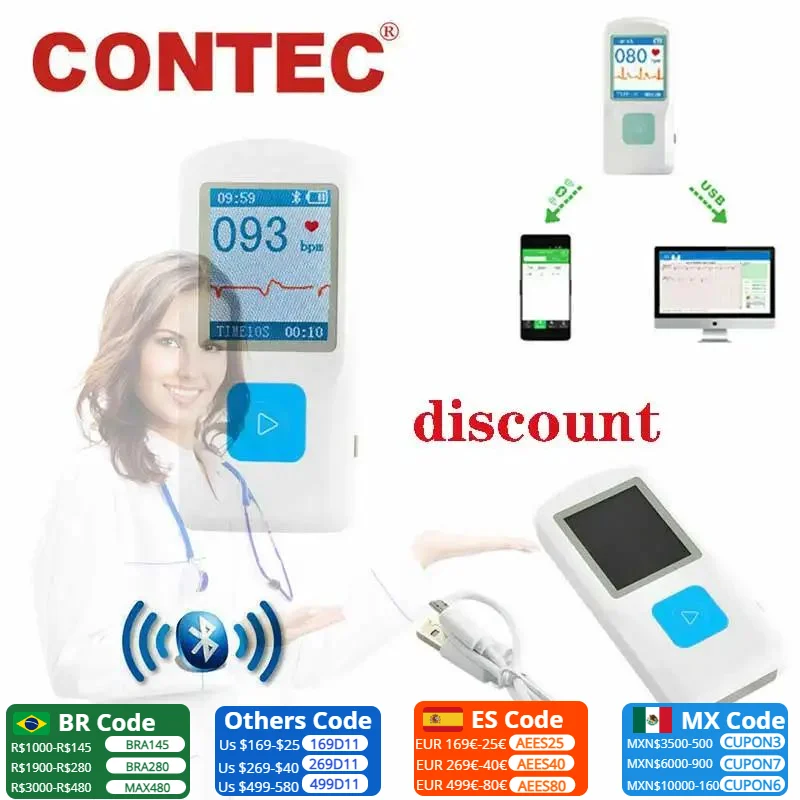 Genuine CONTEC Handheld Portable ECG EKG Machine Heart Beat Monitor LCD USB Bluetooth PM10 with Software App for Ios Android