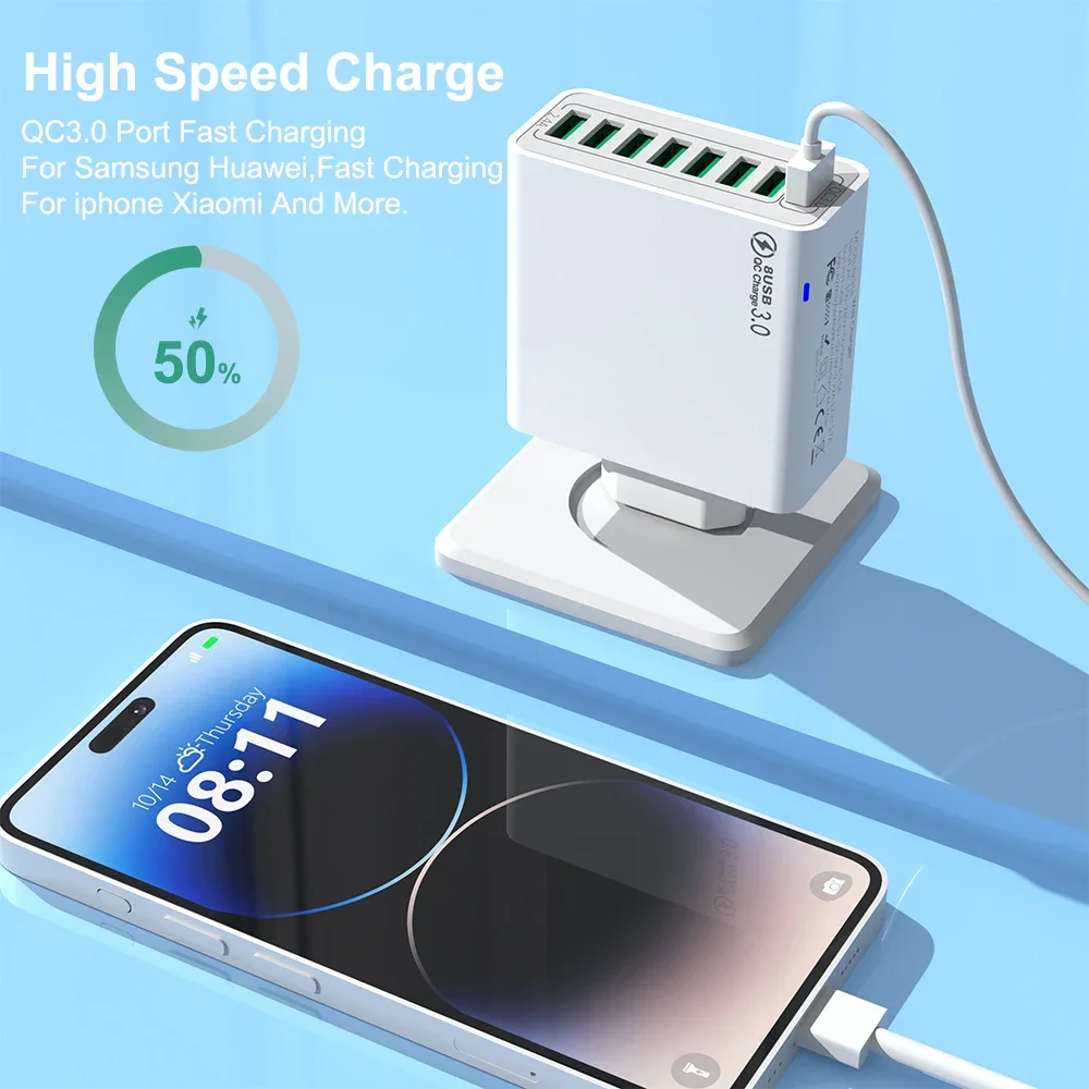 65W Portable 8 Ports USB Fast Charging Charger Quick Charge 3.0 Mobile Phone Adapter For iPhone 15 Pro Max Xiaomi Samsung Huawei