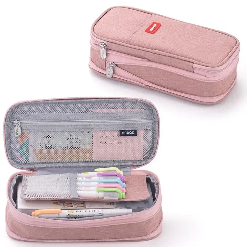 Adorable Double Layer Macaron Canvas Pencil Case for Girls - Large Capacity Kawaii Stationery Pouch