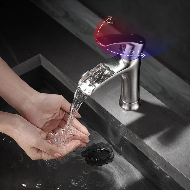 ก๊อกน้ำอ่างล้างหน้าแบบติดตั้งบนเคาน์เตอร์ ทำจากทองเหลืองแท้ แบบน้ำตก น้ำร้อนน้ำเย็น 2