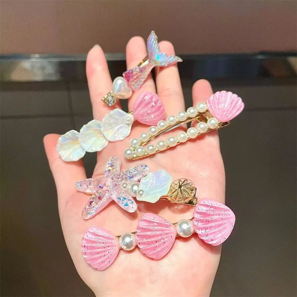5 Pcs Cute Hair Clip Set Bangs Hairpin Mermaid Shell Starfish Pearl Sea princess Baby Girl Barrettes Hair Accessories 4