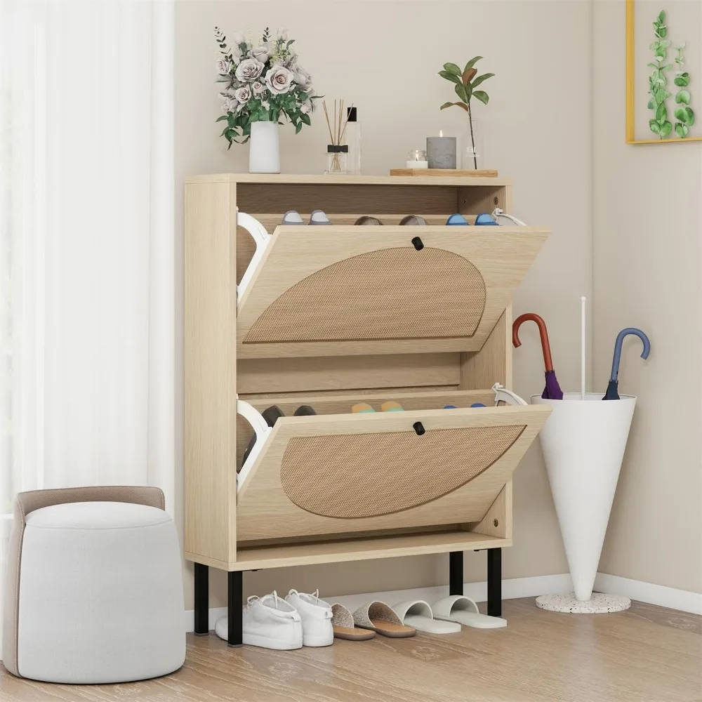 Rattan Shoe Cabinet with Flip Drawers, Narrow Hidden Entrance Hallway Free Standing Shoe Rack for Heels, Slippers 2