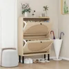 Rattan Shoe Cabinet with Flip Drawers, Narrow Hidden Entrance Hallway Free Standing Shoe Rack for Heels, Slippers 2