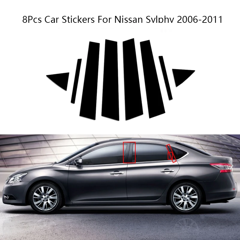 

8Pcs Carbon Fiber Black Car Door Window Center BC Column Pillar Post Trim Cover PC Material Stickers For Nissan Sylphy 2006-2011