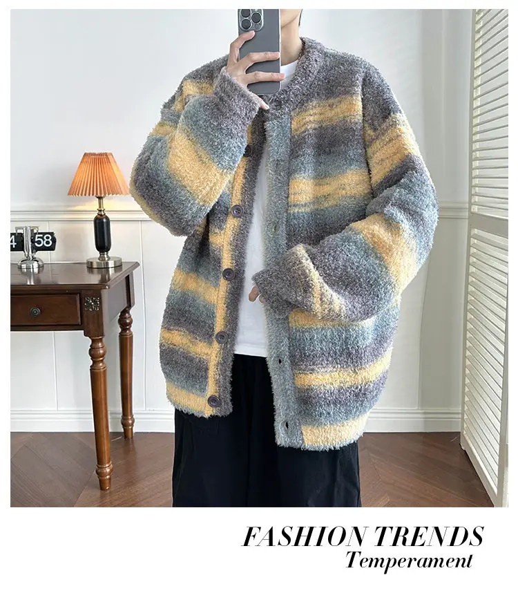 Description Picture 5 of itemHarajuku Black Color Striped Knitted Cardigan Men's Vintage Korean Style Oversized Designer Tie Dye Grandpa Sweater