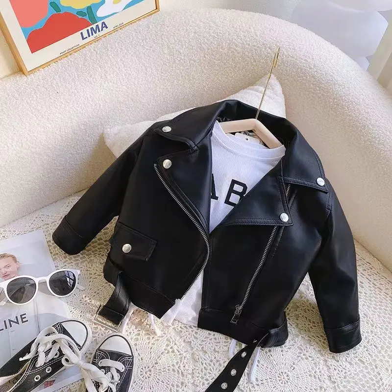 

New Brand Fashion Classic Girls Boys Black Motorcycle Leather Jackets Child Coat For Spring Autumn 2-8Years