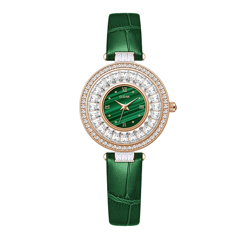 DOM Women Watch  New Ladies Quartz Watch Luxury Full Diamond Dial Waterproof Green Leather Strap Fashion Quartz Women's Watch