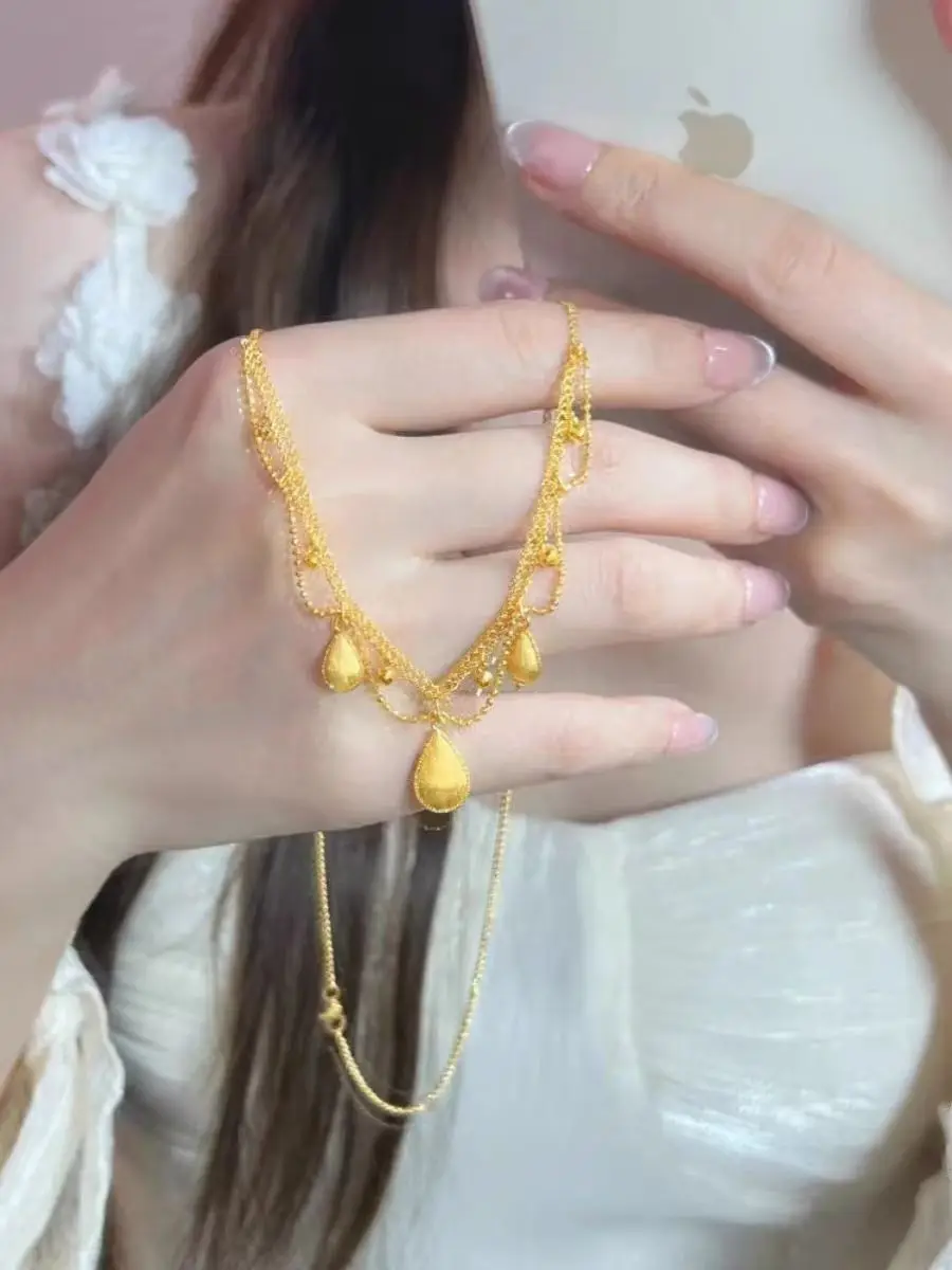 24K AU999 Pure Gold Silk Lace Drop Necklace Women's Vintage Wire-drawing Craft 6