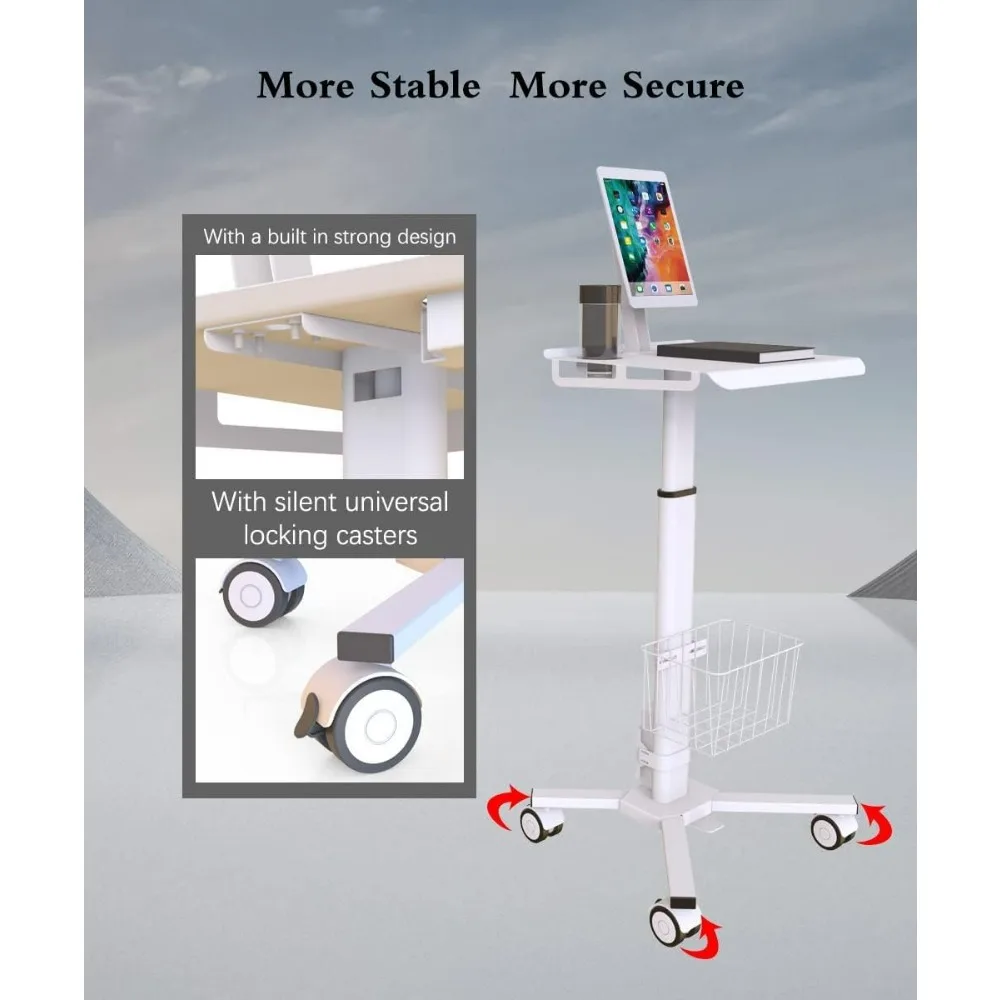 Height Adjustable Mobile Medical Tablet Cart with Wheels, Tablet Enclosure, and Basket Storage