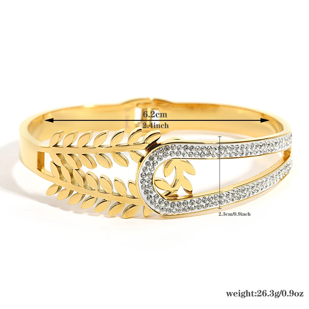 Gold Color Half Leaf Half Rhinestones Stainless Steel Bangles Bracelets for Women Fashion Luxury Waterproof Jewelry 6