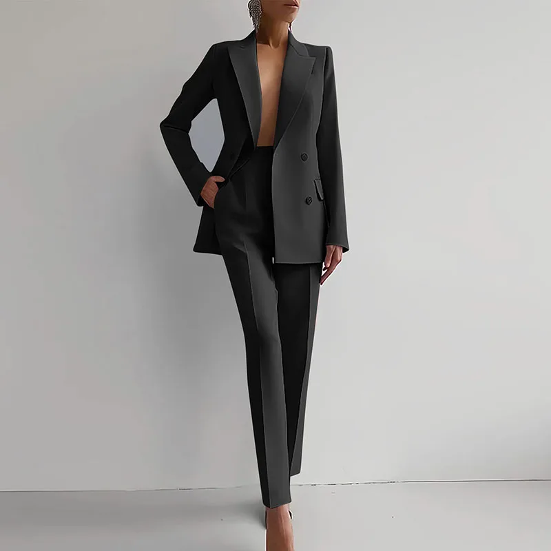 Elegant Commuter Career Outfits Fashion Lapel Collar Button Blazer & Pencil Pants Sets Women Casual Long Sleeve Solid 2Pc Suits
