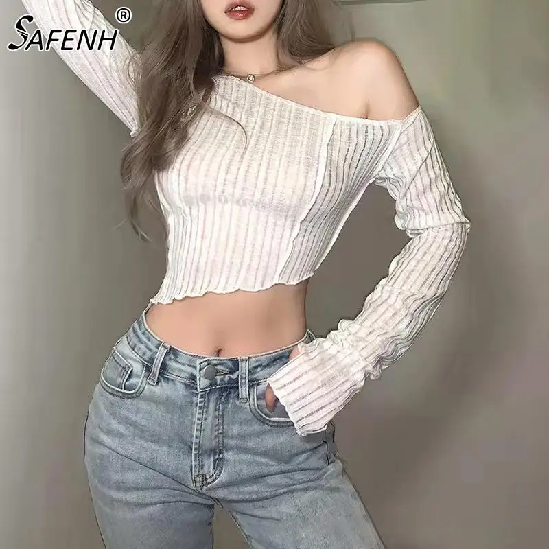 

Women Casual Long Sleeve T-shirt Irregular Hem Crop Top Fashion Off Oblique Shoulder Girl Bottom Shirts