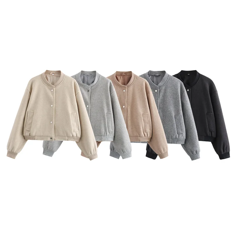 TRAF 2024 Women Jacket Cropped Bomber Jackets For Women Beige Black Tweed Jacket Woman Fashion Long Sleeve New In Short Coats 6