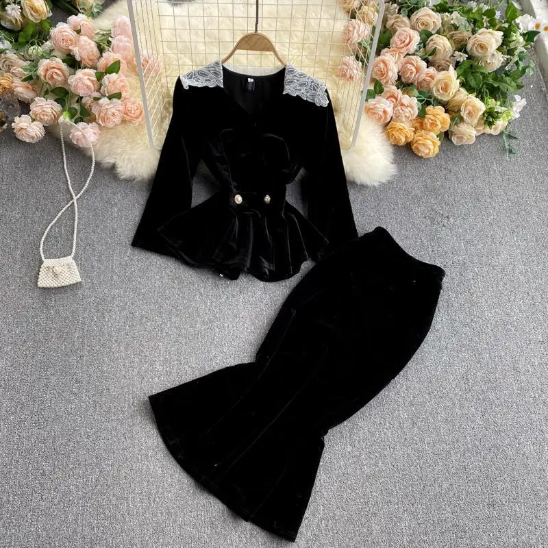 Solid Autumn Winter Skirts Sets Women Long Sleeve Retro Velvet Coat Midi Skirt 2 Pieces Female Vintage Suits Warm Clothes New qoerlin summer retro print thin blazer 3 4 sleeve suit jacket loose lapel short linen coat one button pocket lace floral tops