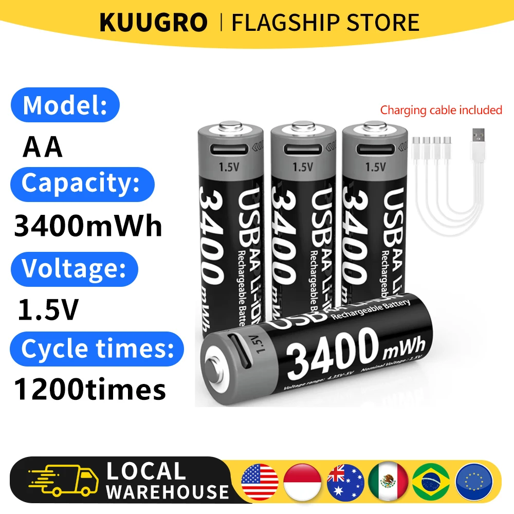 Kuugro USB AA 1.5V 3400mWh Type-C Rechargeable Lithium Battery for Hunting Camera Remote Control Mouse Smart Door Lock Toys 1