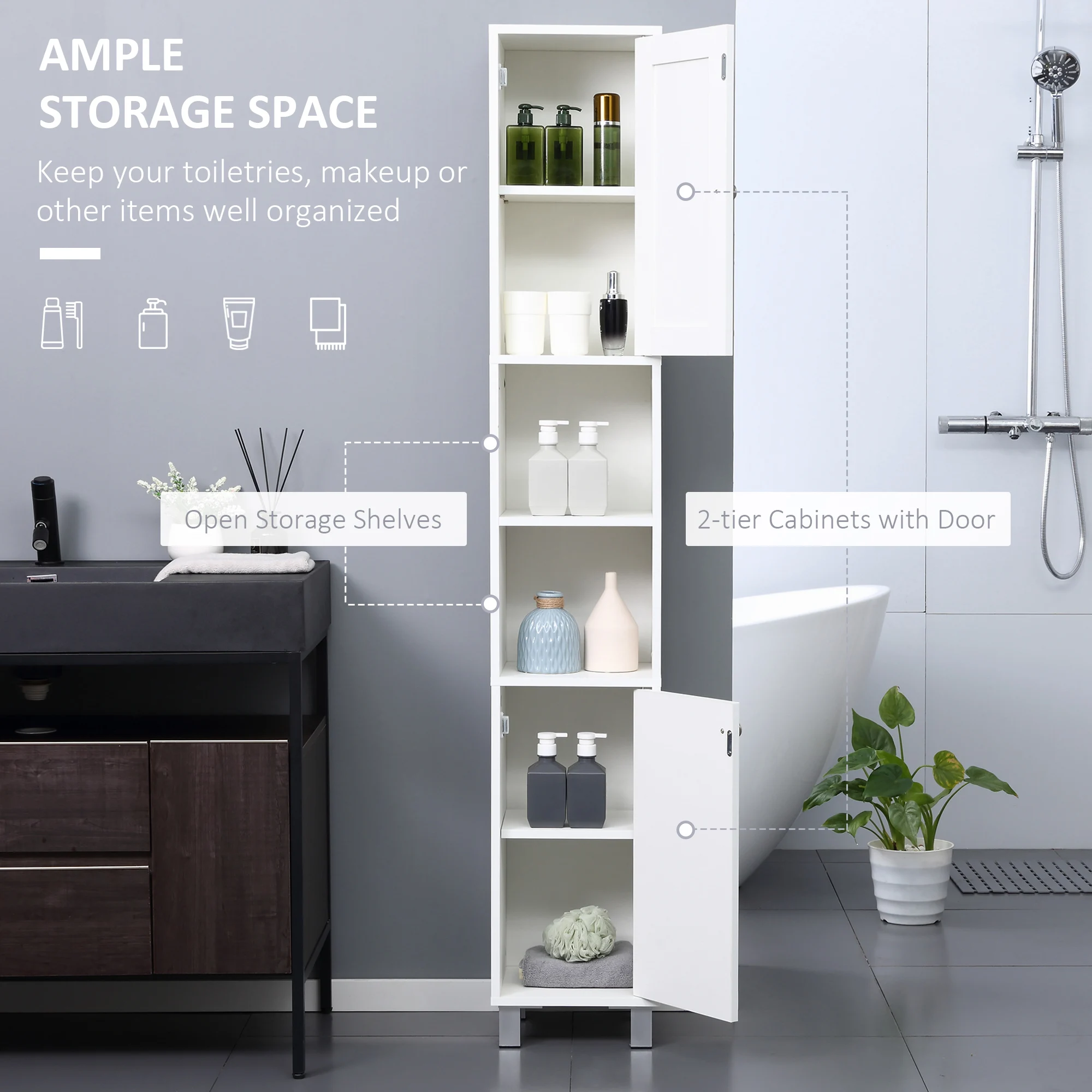 Kleankin Tall Bathroom Storage Cabinet with Mirror, Wooden Freestanding Tower Cabinet with Adjustable Shelves for Bathroom 4
