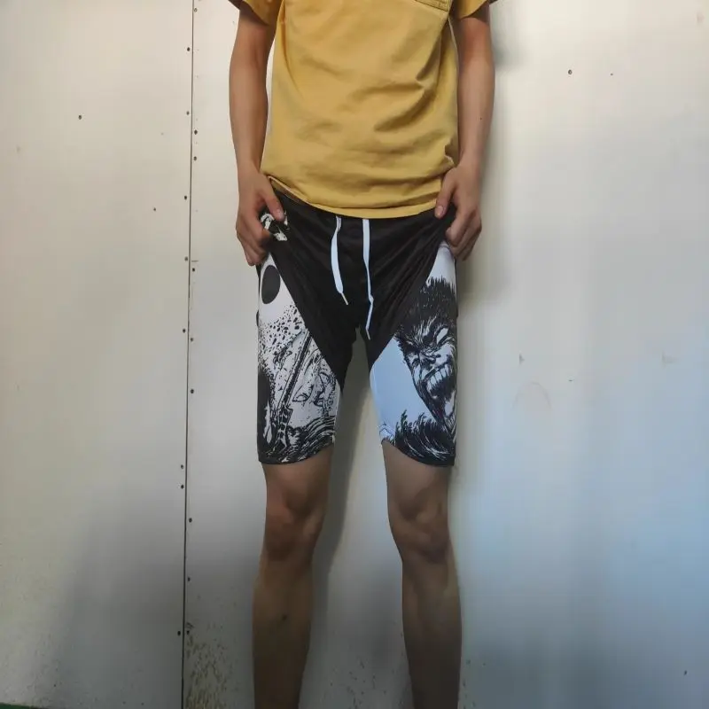 Summer Anime Fitness Sexy Shorts Comfortable Man Brand Gym Boxing Sports Casual Large Shorts Double Layer