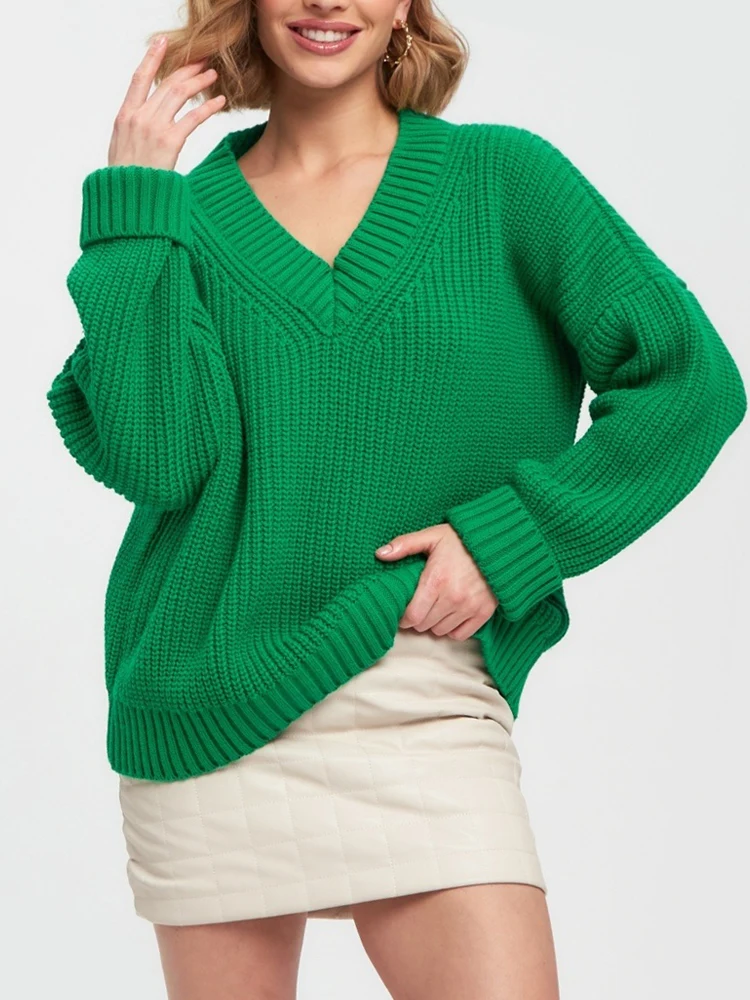 

Vintage Women's Oversize Sweater Basic All-match Soft Thick Knitted V-neck Pullovers for Women Green Ribbed Knit Jumpers Top