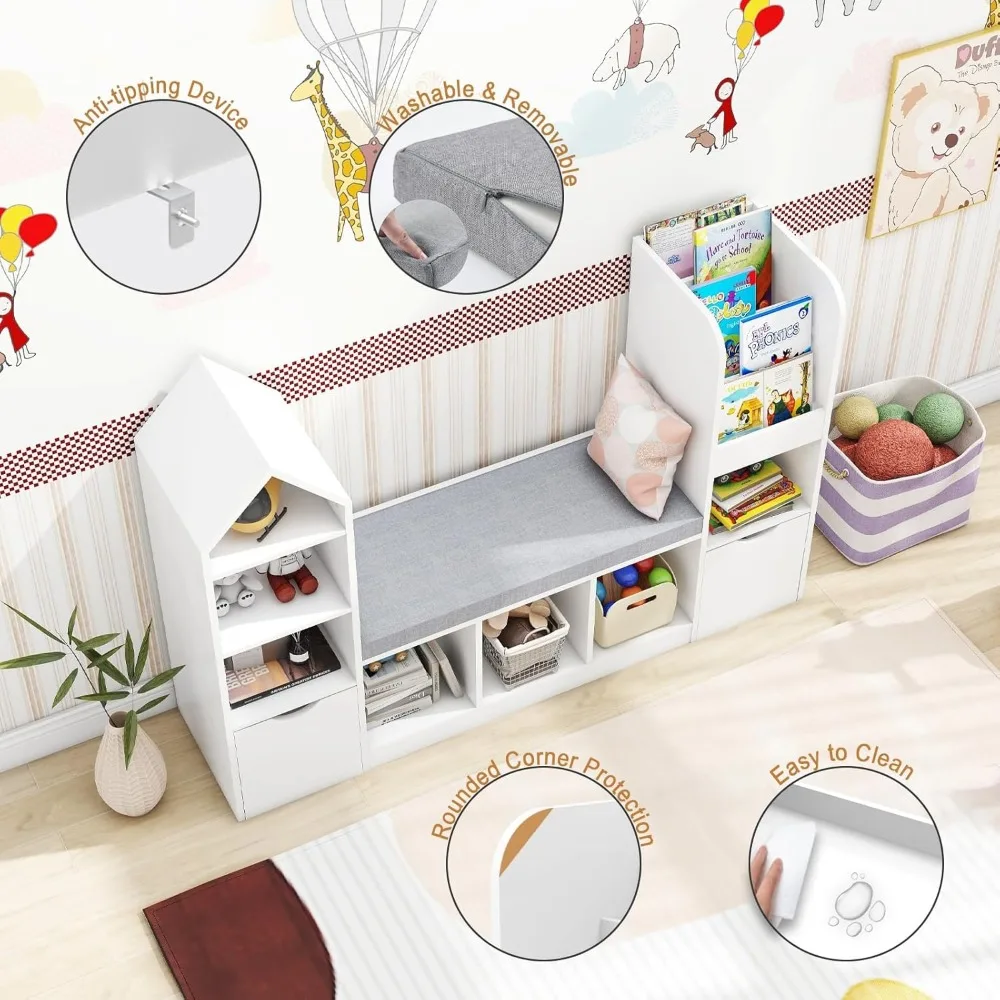 Kids Bookcase and Bookshelf with Reading Nook, Multifunctional Bookcase with 7 Storage Cubbies 2 Movable Drawers 4
