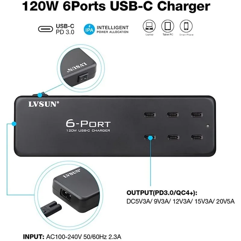 USB C ũž  ̼, GaN 6 Ʈ Ƽ ġ , ƺ , ,  14, 13/13 , е , ÿ, 120W