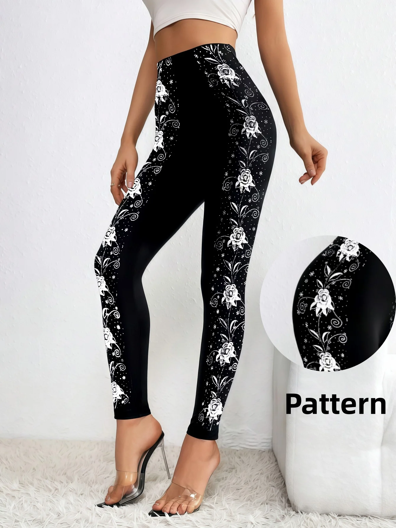 1PC Women's Side Hot Silver Rose Print Fashion Shiny Sparkling Tight Leggings/Pantyhose - Everyday Casual Party Club Wear 1