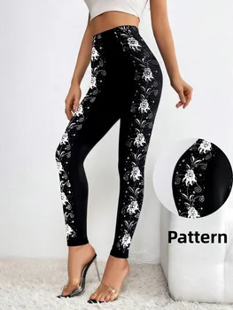 1PC Women's Side Hot Silver Rose Print Fashion Shiny Sparkling Tight Leggings/Pantyhose - Everyday Casual Party Club Wear 1
