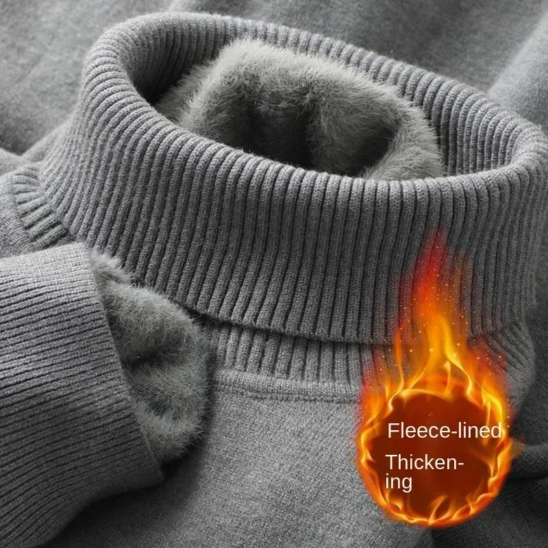 Autumn Winter Men's Turtleneck Sweater Knitted Velvet Warm Long Sleeve Pullover Outdoor Cold-proof Casual Blouse Base Sweater 3